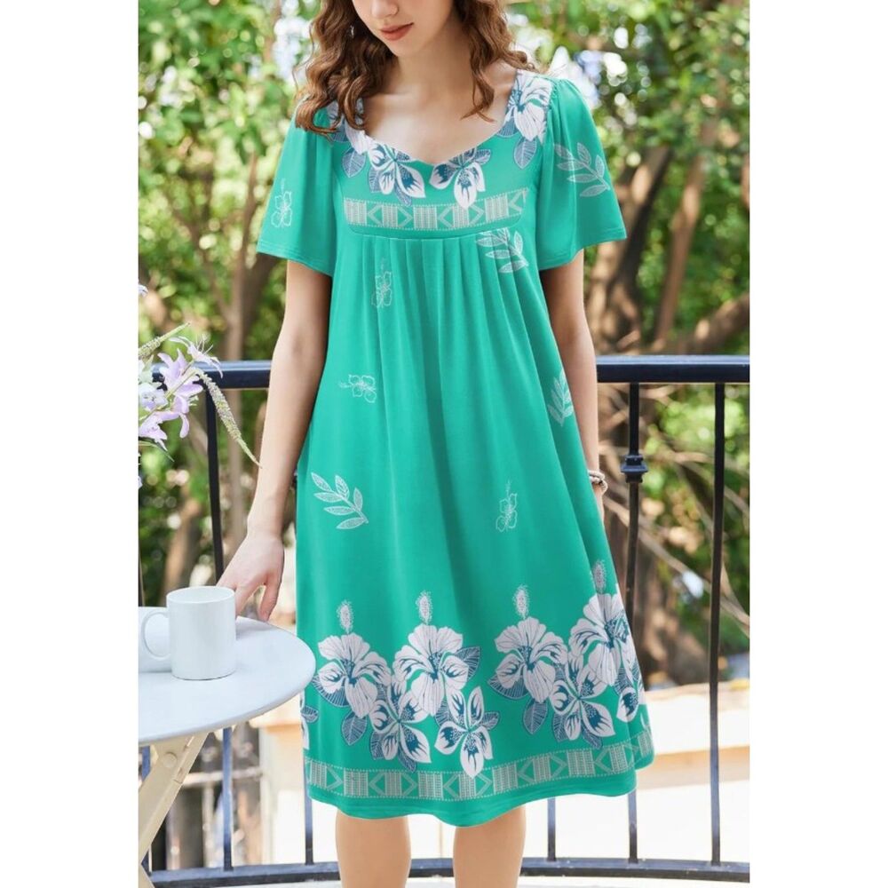 EKOUAER Bright Green Tropical Sz Large Stretchy MuMu Lounge Dress Pockets NEW